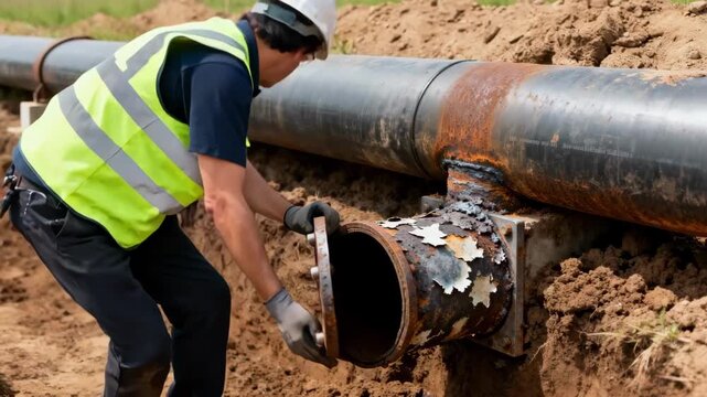 Medium shot of a technician inspecting a sacrificial anode attached to an underground pipeline for corrosion prevention.