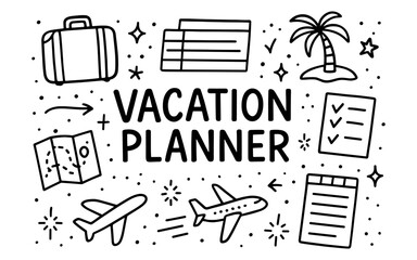 Doodle vacation planner with travel icons and tropical elements