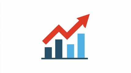 Growing graph rising red arrow over blue bar charts