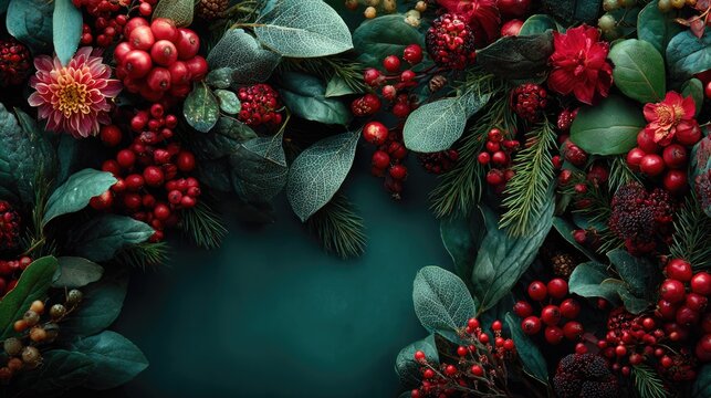Vibrant Christmas Botanical Border with Red Berries and Evergreen Leaves