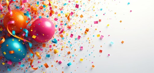 Colorful balloons and confetti shower down celebrating a special event or holiday. Festive streamers add to the party atmosphere. This joyful scene suggests fun and excitement for any occasion.