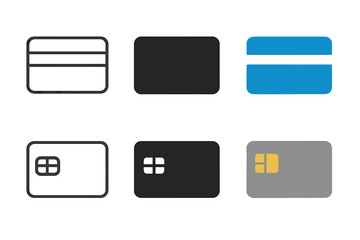 Credit and Debit Icons. Linear minimalistic credit card icon: rectangle outline with stripe, uniform line thickness, no fill,
