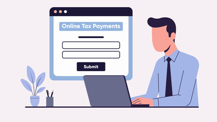 Man Paying Taxes Online at Modern Workspace – Flat Pastel Illustration