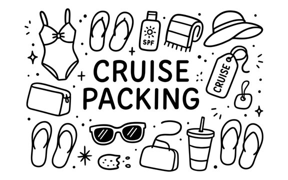 Line art cruise packing essentials: swimsuit, sunglasses, and summer vibes
