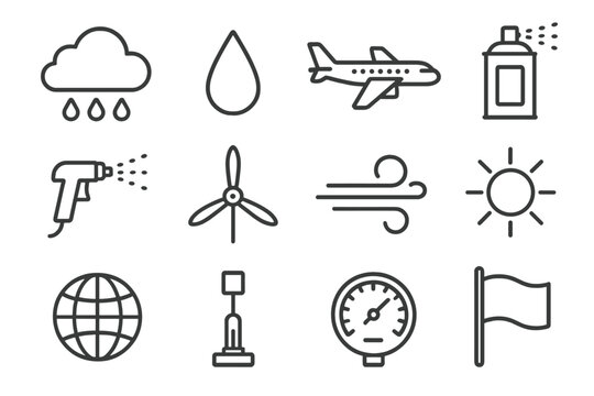 Cloud Seeding Icons. Line style icons of Cloud Seeding: Cloud, Raindrop, Airplane, Silver Iodide Canister; Sprayer, Propeller,