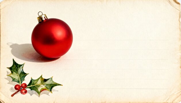A red Christmas bauble and watercolor holly on vintage lined paper. Festive holiday background with copy space for a greeting card or message