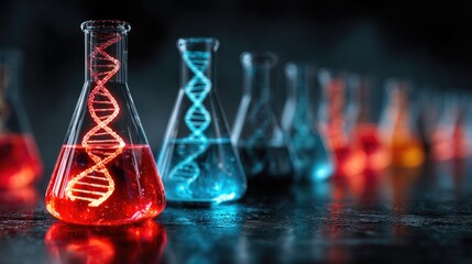 Rows of Colorful Laboratory Flasks with Glowing DNA Strands Inside