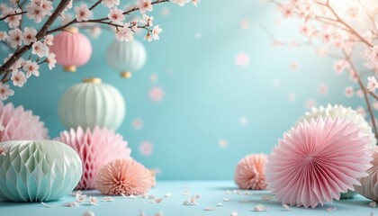 Soft pastel paper lanterns and delicate cherry blossoms create a dreamy spring scene. Gentle pastel hues of pink, blue, and white adorn the decor. Perfect for celebrations, weddings, and party themes.