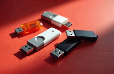 Various USB flash drives in different colors rest on red surface. Tech devices for storage data arranged on vivid background. Modern memory sticks are tools for data transfer.