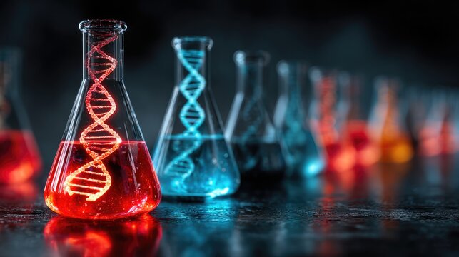 Rows of Colorful Laboratory Flasks with Glowing DNA Strands Inside