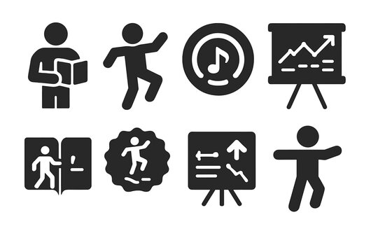 Dance Lecture Icons. Solid style icons of dance-lecture fusion: speaker with book glyph, moving figure icon, groove badge. Audio