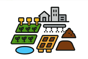 Naklejka premium City Farm Iconography. Linear minimalistic city farm layout icon: garden beds, water reservoir, seed trays, plant markers,