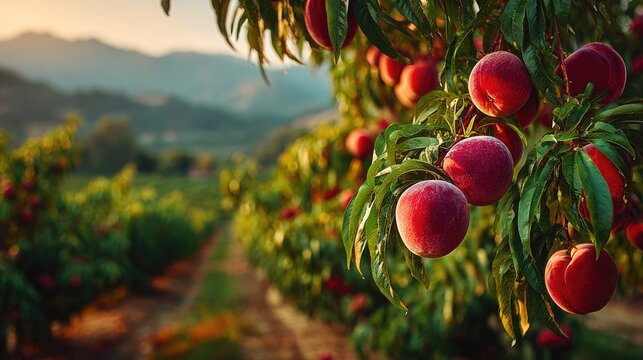 Ripe Peaches Hanging on Tree in Sunlit Orchard Landscape