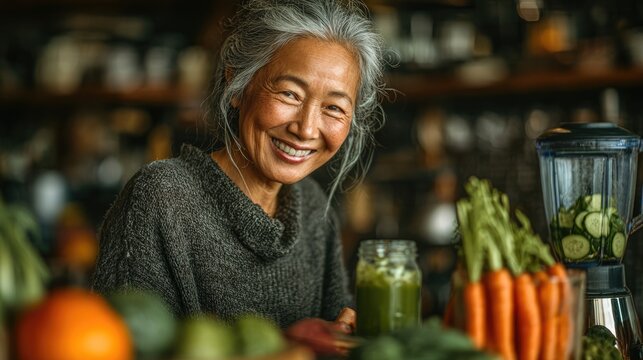 Happy Senior Woman Preparing Fresh Vegetables and Green Smoothie in Cozy Kitchen