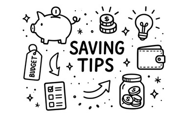 Hand drawn money saving tips icons featuring piggy bank and budget elements