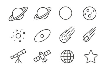 Planetary Rings Icons. Line style icons of Planetary Rings: Saturn, Ring, Planet, Moon; Dust Particle, Orbit Line, Comet, Meteor;