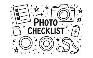 Obraz premium Photography checklist doodle with camera, memory card, and battery elements
