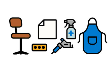 Obraz premium Tattoo Expo Icons. Linear minimalistic tattoo expo icon: artist chair, ink tray, stencil paper, disinfectant spray, tattoo machine
