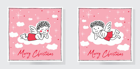 A cute Christmas illustration featuring two baby angels resting happily on fluffy clouds against a soft pink sky filled with stars and snow for Christmas greeting cards, posters, banners, flyers
