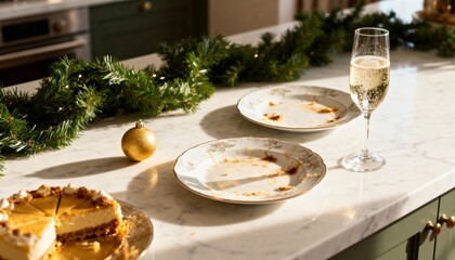 Christmas party aftermath with dirty plates and champagne glass on marble counter. Holiday celebration leftovers and mess in kitchen