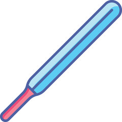 Simple graphic illustration of a blue and pink elongated cylindrical object with a rounded tip and a thick outline representing a thermometer on a transparent background