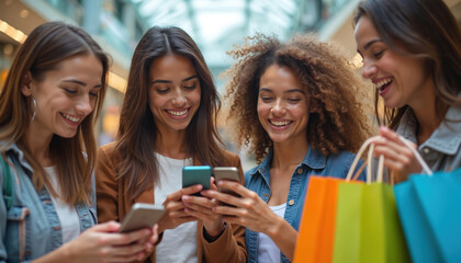 Obraz premium Four young women enjoy shopping together, looking at phones and smiling. Friends share a happy moment while browsing online deals or discussing purchases at a mall.