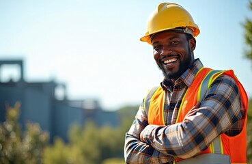 Black construction engineer smiles warmly, wearing hard hat and safety vest. Confident man stands outdoors at work site, looking toward camera with a happy expression.