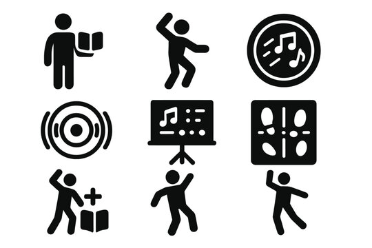 Dance Lecture Icons. Solid style icons of dance-lecture fusion: speaker with book glyph, moving figure icon, groove badge. Audio