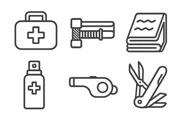 Wilderness Medicine Essentials Icons. Line style icons of wilderness medicine essentials: first aid kit, tourniquet device,
