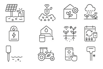 Fototapeta premium Sustainable Agriculture Icons. Line style icons of Sustainable Agriculture Tech: solar-powered pump, compost sensor, greenhouse