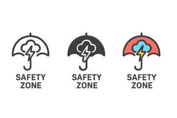 Storm Safety Icons. Minimalist safety zone icon: three identical storm safety zones in a row, first in line style with thin