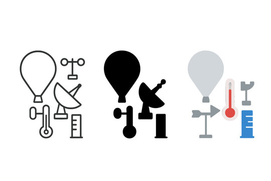 Atmospheric Research Icons. Linear minimalistic atmospheric research icon: weather balloon, anemometer, radar dish, thermometer,
