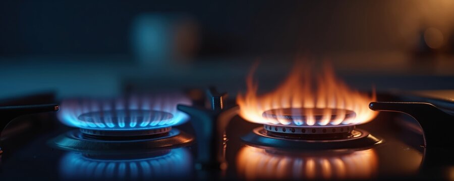 Gas stove burners glow with blue and orange flames in dark kitchen. Close up shot of ignited hob with heat rising. Cooking appliance ready for food prep, warm light.