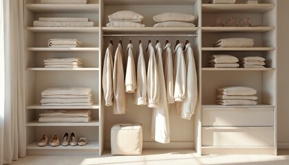 Organized closet with neatly folded clothes and hanging apparel in neutral tones. Simple interior design promotes calm and minimalist lifestyle with capsule wardrobe essentials.