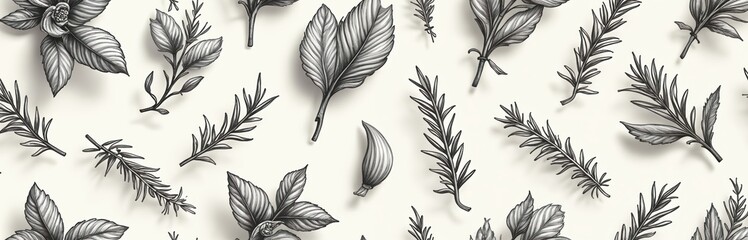 Seamless pattern of handdrawn kitchen herbs like rosemary and basil. Elegant label design for culinary enthusiasts and chefs. Natural foliage for cooking and recipes. Organic garden spices for food.