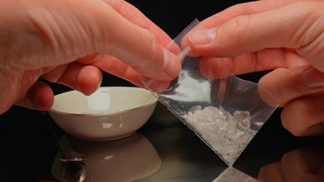 Drug dealer preparing and packaging Fentanyl Crystal meth or Crack Cocaine for sale and distribution. Drug trafficking and addiction crises. Crystals use in glass tube or stems and primarily smoking.