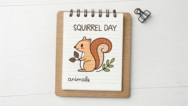 Cute cartoon squirrel illustration on notebook for Squirrel Day