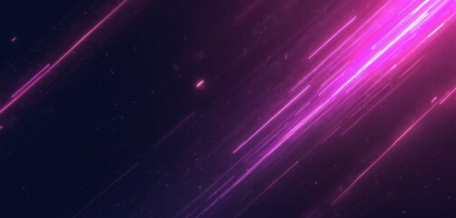 Obraz premium Abstract illustration. Neon purple lines streak across a dark starry sky. Futuristic background with glowing stripes and dust particles. Digital motion effect.