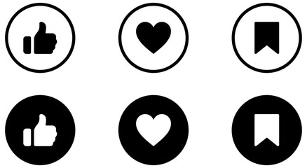 Add to favorite icon button , like icon buttons , Like (thumb up), Love (heart), and Save (bookmark) icons - user engagement icon, social media icons buttons