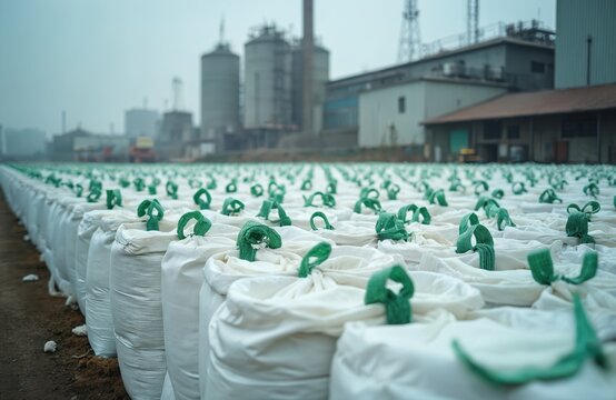 Field of white jumbo bags filled with urea fertilizer near industrial factory complex. Large white sacks with green straps neatly stacked ready for transport. Agricultural materials awaiting