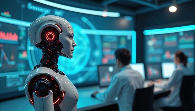 Futuristic android stands in control room with holographic displays. People work at computers analyzing data on screens. Future tech advancement in smart office.