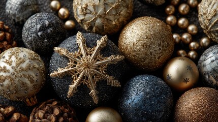Elegant Black and Gold Christmas Baubles with Glitter and Festive Details