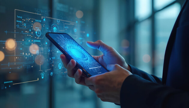 Person holds smartphone near digital interface. Businessman uses mobile device for financial transactions. Concept of NFT tokens crypto currency trading future tech digital innovation.