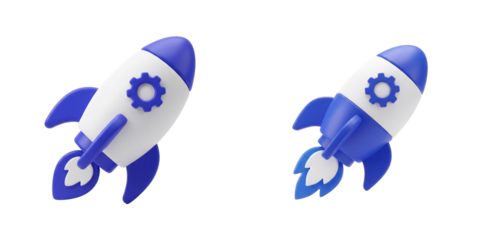 3D rocket launch icon with gear emblem isolated on transparent background for startup and business