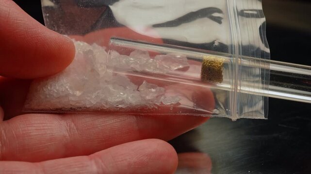 Placing crystals of drug in glass smoking pipe from harm reduction stem kit. Preparation for safe smoking or consumption of Fentanyl, Cocaine, Crystal meth or Crack Cocaine.