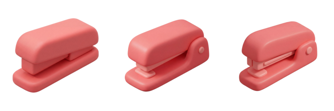 Pink stapler 3D icon set from multiple angles. Realistic office supply isolated on transparent background