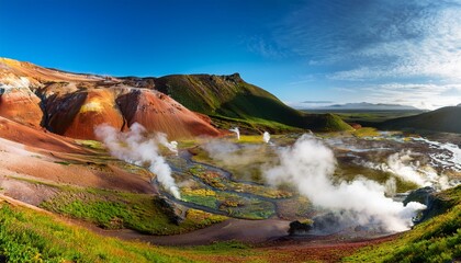 Geothermal Valley With Steam Vents And Colorful Hills