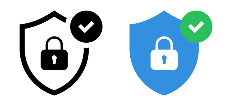 Security shield icons with a lock and check mark tick symbol - verified protection with a padlock and a green checkmark button - secure connection, verified access, privacy, and trusted authentication
