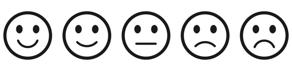 Feedback, rating emoji icons showing five emoticons levels from happy to sad, perfect for feedback, rating scale, surveys, and satisfaction and mood