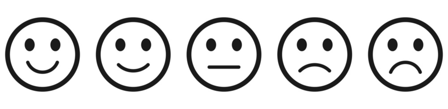 Feedback, rating emoji icons showing five emoticons levels from happy to sad, perfect for feedback, rating scale, surveys, and satisfaction and mood